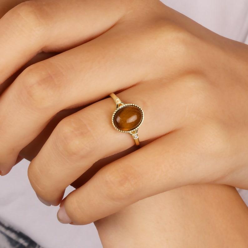 Tiger Eye Statement Ring, Brown Stone Ring, Minimalist Ring, Tiger Eye Jewelry, Different Women Tiger Eye Rings, 925 Sterling Silver image 2