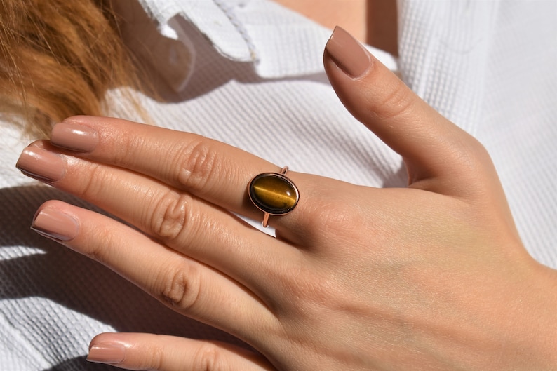 Tiger Eye Statement Ring, Brown Gemstone Ring, Shiny Gold Ring, Minimalist Ring, Boho Ring, Christmas Gift for Her, 925 Sterling Silver image 10
