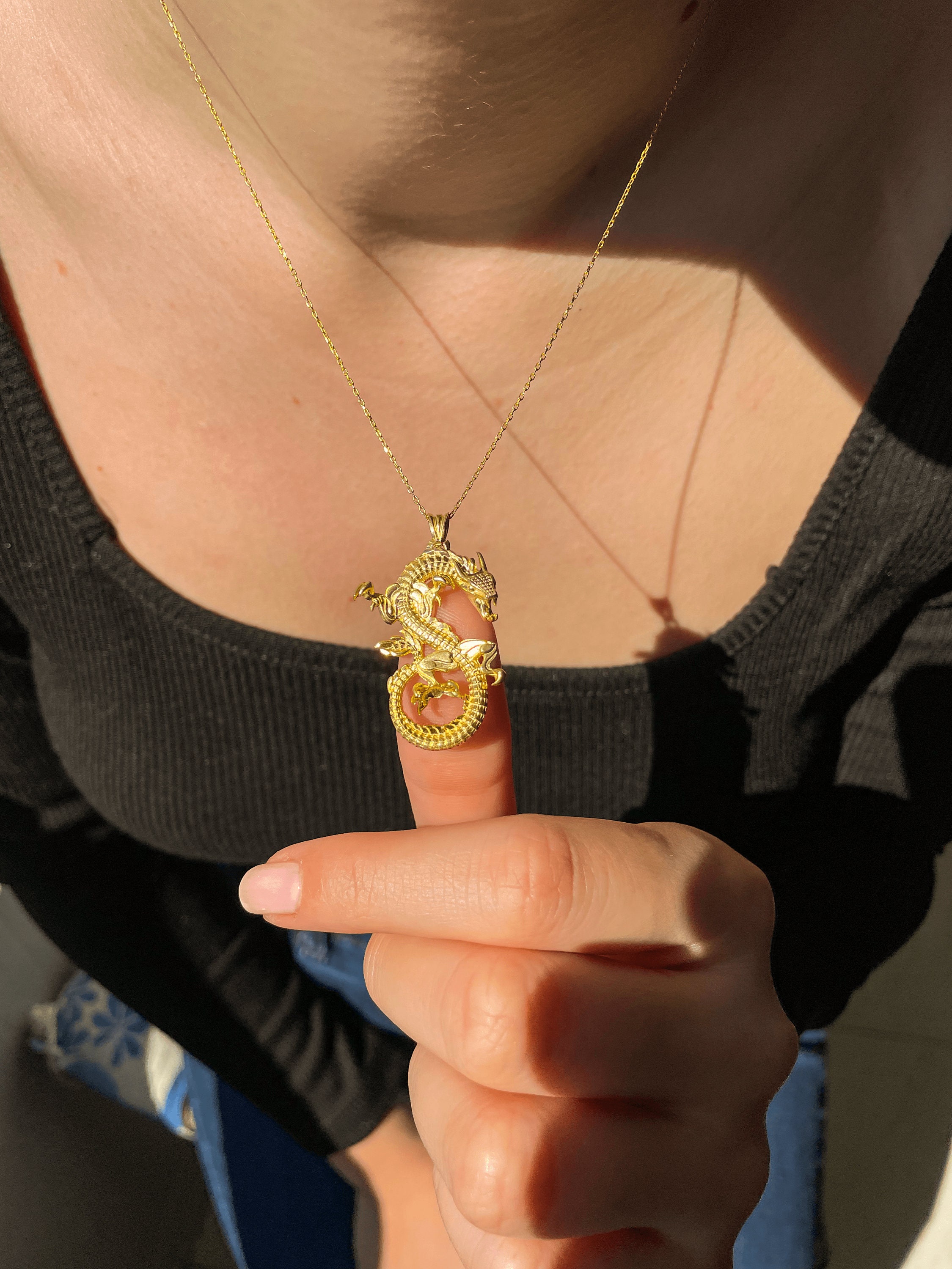 18K Gold Dragon Necklace, Dragon Pendant, Necklace for Women