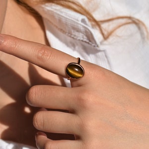 Tiger Eye Statement Ring, Brown Gemstone Ring, Shiny Gold Ring, Minimalist Ring, Boho Ring, Christmas Gift for Her, 925 Sterling Silver image 2