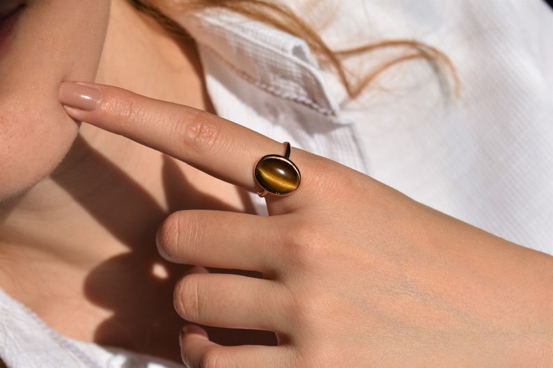 Tiger Eye Statement Ring, Brown Gemstone Ring, Shiny Gold Ring, Minimalist Ring, Boho Ring, Christmas Gift for Her, 925 Sterling Silver image 2