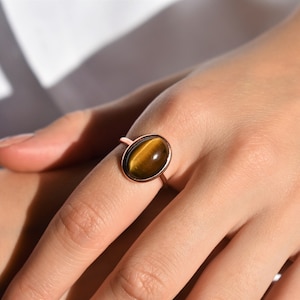 Tiger Eye Statement Ring, Brown Gemstone Ring, Shiny Gold Ring, Minimalist Ring, Boho Ring, Christmas Gift for Her, 925 Sterling Silver