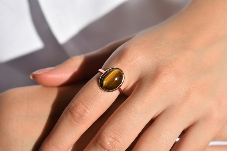 Tiger Eye Statement Ring, Brown Gemstone Ring, Shiny Gold Ring, Minimalist Ring, Boho Ring, Christmas Gift for Her, 925 Sterling Silver image 1