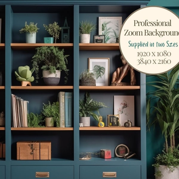 Teal and Walnut Zoom Background With Shelves and Plants, Zoom Virtual Background, Zoom Virtual Office, Zoom Virtual Office, Walnut Shelves