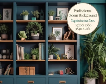 Teal and Walnut Zoom Background With Shelves and Plants, Zoom Virtual Background, Zoom Virtual Office, Zoom Virtual Office, Walnut Shelves