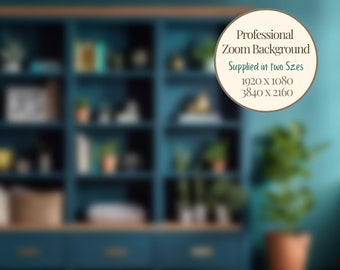 Teal Walnut Zoom Background Blurry Shelves Zoom Virtual Background Zoom Virtual Office Background Therapist Walnut Wood Professional Blurred