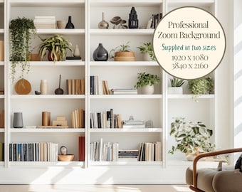 Può includere: Libreria bianca con più ripiani pieni di libri, piante e oggetti decorativi. Il testo "Professional Zoom Background" e "Supplied in two sizes" è visibile sul lato destro della libreria. Il testo "1920 X 1080" e "3840 X 2160" è anche visibile.