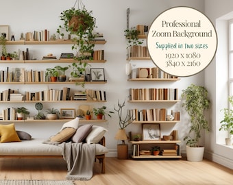 Può includere: Un interno di un soggiorno con una parete bianca, un divano e una libreria con piante e libri. La libreria è in legno e ha più ripiani. Il divano è di colore marrone chiaro e ha un cuscino bianco. Ci sono piante sugli scaffali e sul pavimento. Il testo sul muro recita "Professional Zoom Background Supplied in two sizes 1920 X 1080 3840 X 2160".