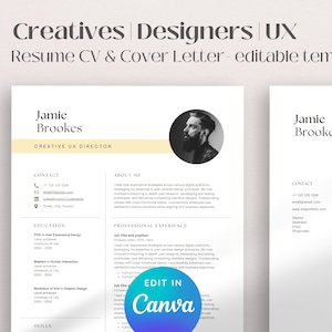 Creative Resume Template for Designers, Professional Minimalist Resume With Photo Clean CV Template Marketing Canva Template Art Director