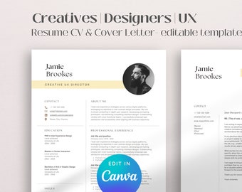 Creative Resume Template for Designers, Professional Minimalist Resume With Photo Clean CV Template Marketing Canva Template Art Director