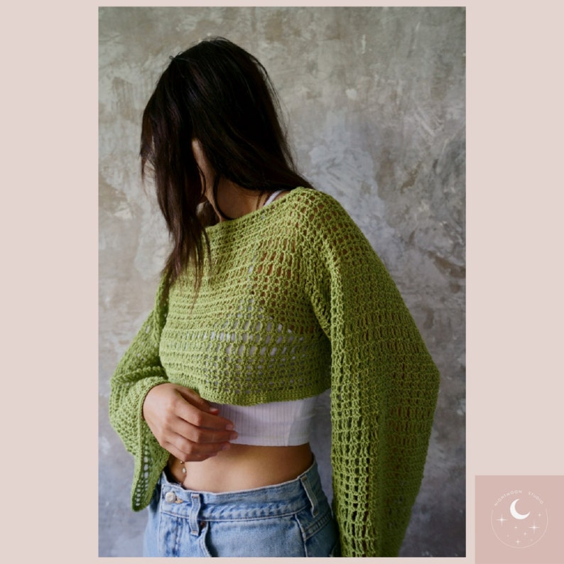 Lyra Mesh Top CROCHET PATTERN Shrug Autumn Fall Summer Y2K Trending Long Bell Sleeve Summer Layer Pullover Made To Measure Nightmoon Studio image 6