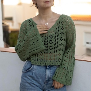 Juniper Top PDF CROCHET PATTERN Intermediate Spring Summer Flowy Lacy Dress Beach Made To Measure Long Bell Sleeve Nightmoon Studio