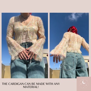 May include: A light pink cardigan with a loose fit and bell sleeves. The cardigan is made of a soft, fuzzy material and has a delicate, open-weave pattern.