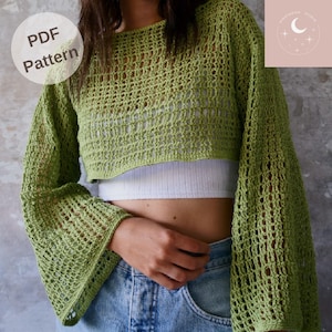 Lyra Mesh Top CROCHET PATTERN Shrug Autumn Fall Summer Y2K Trending Long Bell Sleeve Summer Layer Pullover Made To Measure Nightmoon Studio