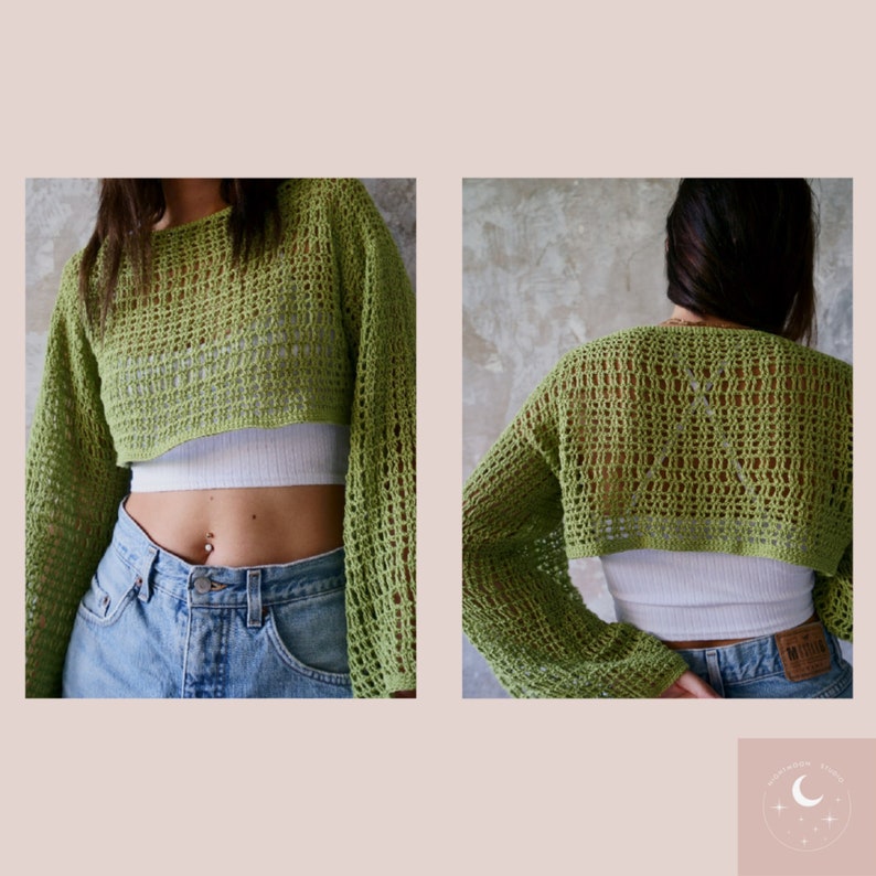 Lyra Mesh Top CROCHET PATTERN Shrug Autumn Fall Summer Y2K Trending Long Bell Sleeve Summer Layer Pullover Made To Measure Nightmoon Studio image 3