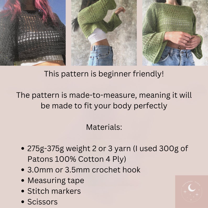 Lyra Mesh Top CROCHET PATTERN Shrug Autumn Fall Summer Y2K Trending Long Bell Sleeve Summer Layer Pullover Made To Measure Nightmoon Studio image 4