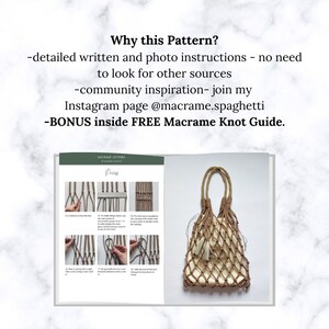 May include: A close-up of a book with instructions on how to make a macrame bag. The book has a brown cover with the word "Princess" written in white. The book is open to a page with photos and instructions on how to make a macrame bag. The bag is made of brown cord and has a white lining. The bag is hanging against a white background.