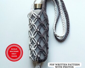 Macrame PATTERN Wine Bottle Holder Bi-Color | PDF Pattern Dual Color Water Bottle Holder with Shoulder Strap | Beginner Macrame Tutorial