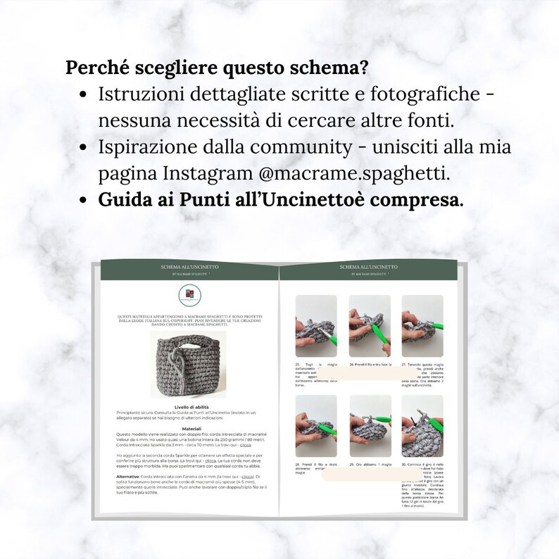 May include: A crochet pattern guide with detailed instructions and photos for making a small gray crocheted bag. The guide includes a list of materials, a level of difficulty, and a description of the project. The guide also includes a link to the creator's Instagram page.