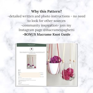 May include: A digital download for a macrame plant hanger pattern. The pattern includes detailed written and photo instructions. The image shows a finished macrame plant hanger with a white pot and pink flowers.