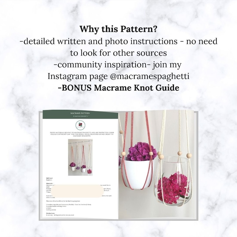 May include: A digital download for a macrame plant hanger pattern. The pattern includes detailed written and photo instructions. The image shows a finished macrame plant hanger with a white pot and pink flowers.