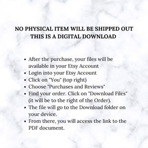 May include: Text instructions on how to download a digital purchase from Etsy. The text explains how to access the download files after purchasing a digital item.