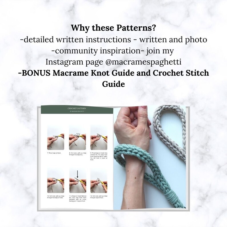 Peut inclure: Un livre intitul&eacute; "Crochet Patterns" ouvert &agrave; une page montrant des instructions pour un point de crochet. Les instructions sont illustr&eacute;es par des photos de mains tenant du fil et un crochet. Le texte sur la page indique "Crochet Patterns" et "in macrame spaghetti".