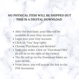 Peut inclure: Instructions textuelles sur la fa&ccedil;on de t&eacute;l&eacute;charger un achat num&eacute;rique sur Etsy. Le texte explique comment acc&eacute;der aux fichiers t&eacute;l&eacute;chargeables apr&egrave;s l'achat d'un article num&eacute;rique.