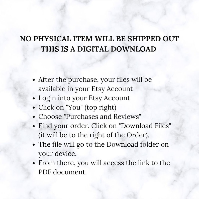 Peut inclure: Instructions textuelles sur la fa&ccedil;on de t&eacute;l&eacute;charger un achat num&eacute;rique sur Etsy. Le texte explique comment acc&eacute;der aux fichiers t&eacute;l&eacute;chargeables apr&egrave;s l'achat d'un article num&eacute;rique.