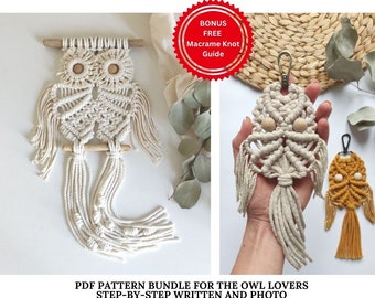 Macrame PATTERNS Bundle Owls - diy macrame OWL and Macrame Owl Keychain