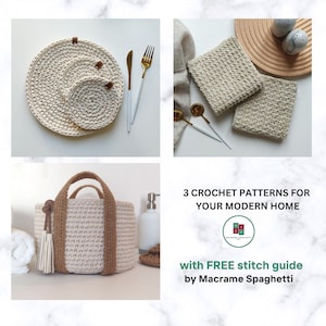 Crochet PATTERN BUNDLE Placemat and Coaster, Basket, Kitchen Towel - Crochet Pattern for your Modern Home