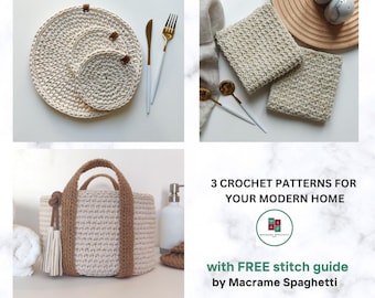 Crochet PATTERN BUNDLE Placemat and Coaster, Basket, Kitchen Towel - Crochet Pattern for your Modern Home