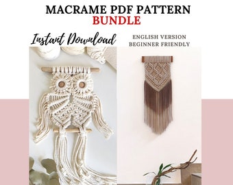 Lot de motifs en macramé - PDF écrit et guide des nœuds, suspension murale en macramé bricolage, hibou en macramé, tutoriel de téléchargement numérique - hibou, VENISE