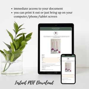 May include: A digital download for a macrame plant hanger pattern. The pattern includes instructions and a photo of the finished product. The text on the screen reads "Macrame Pattern" and "These materials relating to macrame spaghetti are protected under copyright law. You may not sell or distribute these patterns except to macrame spaghetti."