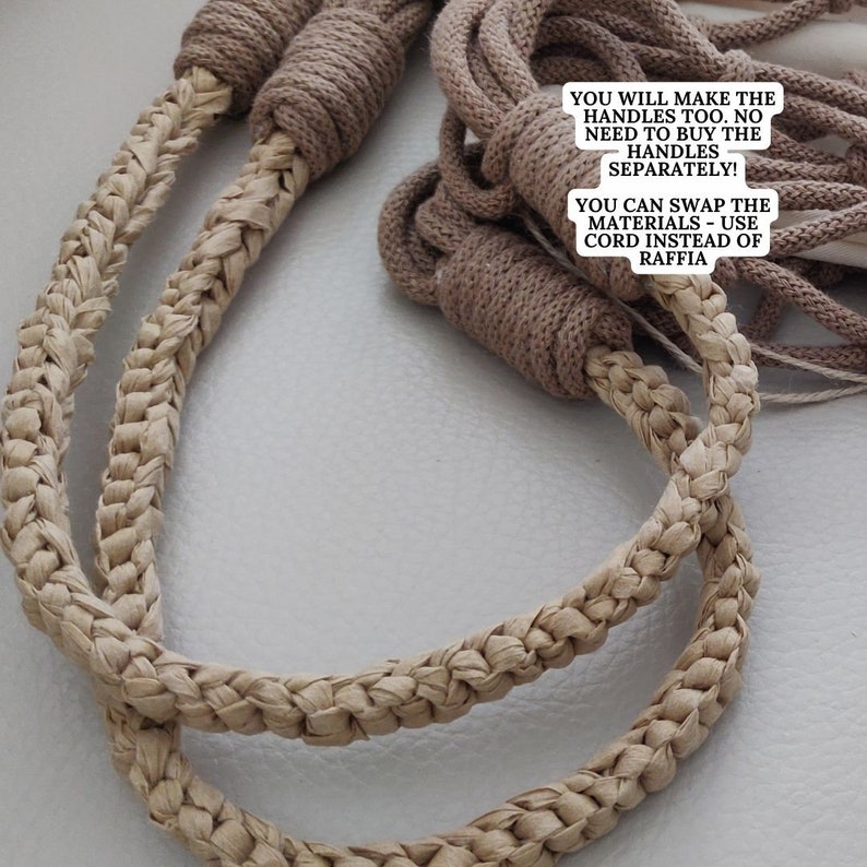 May include: Two braided cords, one beige and one brown, are shown. The beige cord is braided with a thicker, more rustic material. The brown cord is braided with a thinner, more refined material. The text in the image reads: "You will make the handles too. No need to buy the handles separately! You can swap the materials - use cord instead of raffia."
