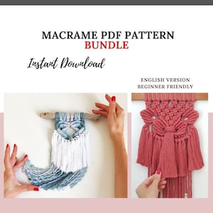 May include: A bundle of two macrame wall hanging PDF patterns. The patterns are beginner friendly and in English. One pattern features a blue and white wall hanging with a driftwood dowel. The other pattern features a pink wall hanging with a wooden dowel.