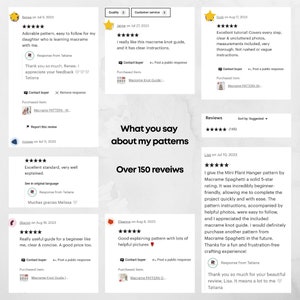 Peut inclure: Un collage d'avis clients pour des mod&egrave;les de macram&eacute;. Les avis mettent en avant la facilit&eacute; d'utilisation, la clart&eacute; des instructions et les images utiles. Le texte comprend les phrases "Ce que vous dites de mes mod&egrave;les" et "Plus de 150 avis".