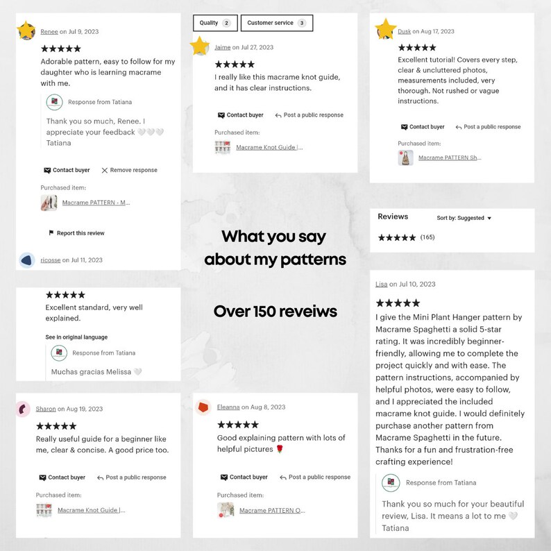 Peut inclure: Un collage d'avis clients pour des mod&egrave;les de macram&eacute;. Les avis mettent en avant la facilit&eacute; d'utilisation, la clart&eacute; des instructions et les images utiles. Le texte comprend les phrases "Ce que vous dites de mes mod&egrave;les" et "Plus de 150 avis".