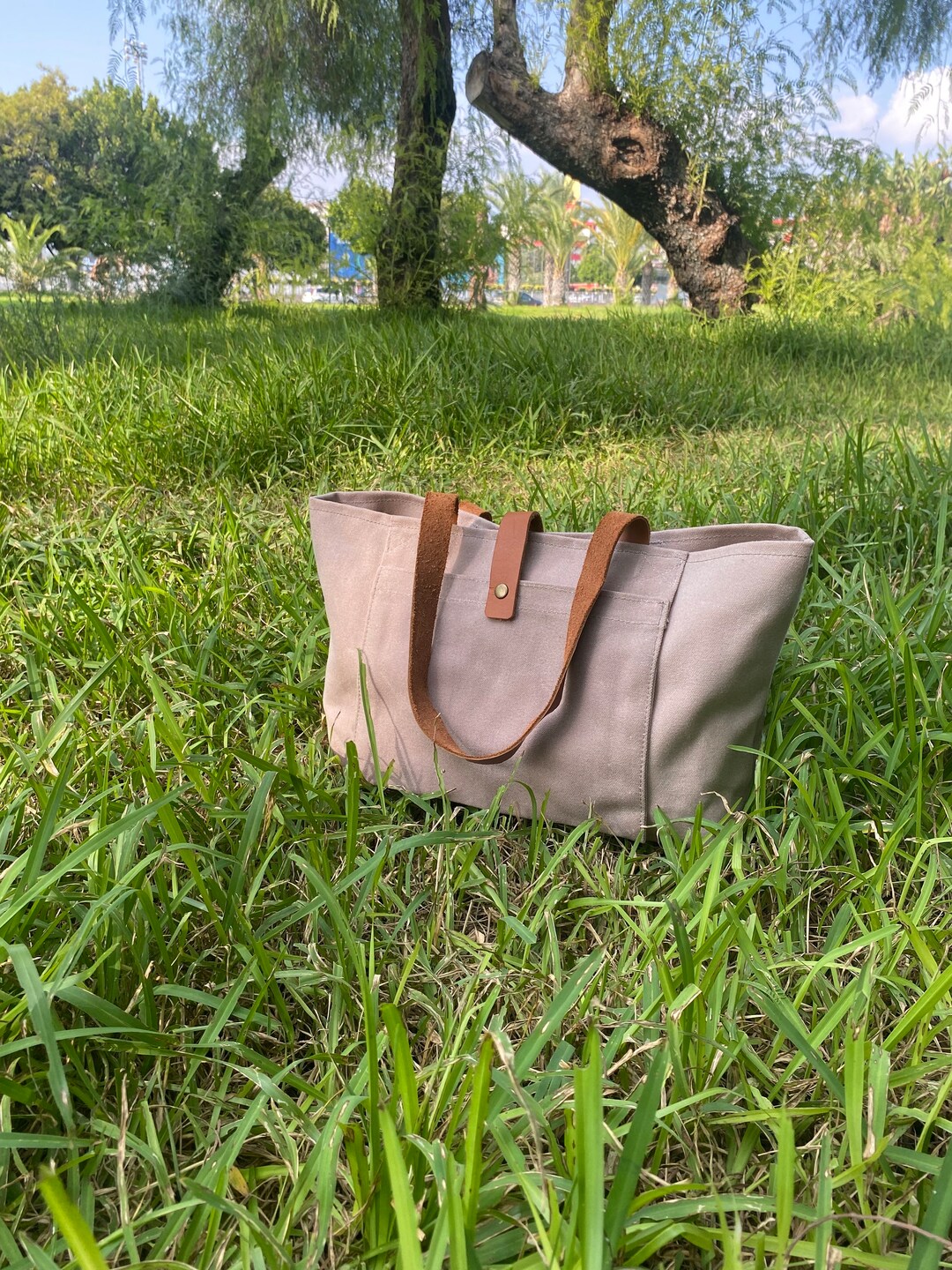 Venice Waxed Canvas Tote Bag With Leather Straps and Cosmetic Etsy