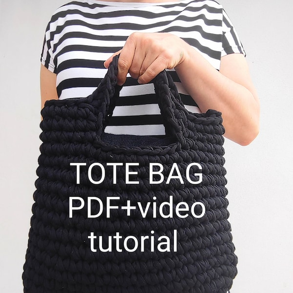 Patrón de bolso de mano grueso Tutorial de ganchillo PDF Bolso azul negro DIY video paso a paso para principiantes Regalo para mamá amiga Proyecto rápido