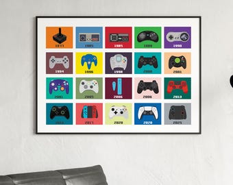 Retro Game Controller Evolution Print: Gamer Room Art, Controllers Print, Gifts for Gamer, Boys Room Decor, Digital Download