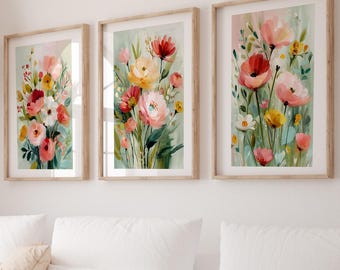 Boho Floral Wall Art Set of 3 Prints, Pastel Wildflower Prints, Soft Pink & Sage Botanical Decor, Living Room Bedroom Art