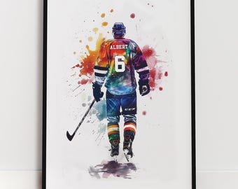 Custom Hockey Player Watercolor Print – Personalized Gift (Digital Download)