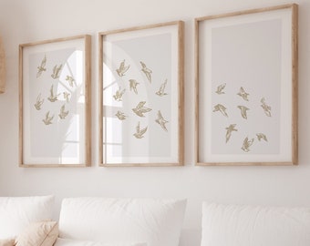 Bird Flock Abstract Printable Set, neutrale Wandkunst, Set von drei, Taupe Dekor, fliegende Tauben, minimales Dekor, moderne druckbare Wandkunst