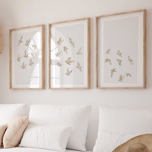 Bird Flock Abstract Printable Set, neutral wall art,  Set of three, Taupe decor, flying doves, minimal decor, Modern printable wall art
