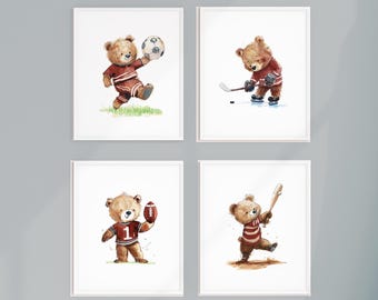 Vintage Teddy Bear Sports, Hockey, Football, Baseball, Soccer, Baby Boy Decor, Set of 4 (Digital Download)