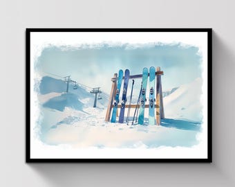 Winter Ski Rack Print | Snowy Mountain Cabin Decor (Digital Download)