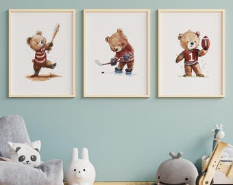 Vintage Teddy Bear Sports: Baseball, Football, Hockey, Baby Boy's nursery Art, Instant Download
