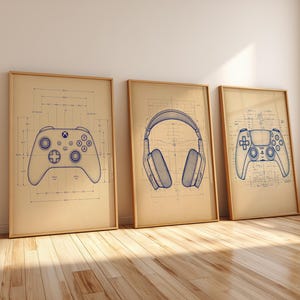 Väggkonst för spelplaner, set med 3, PS5-kontroller, Xbox-kontroller och headset-tryck, dekoration för spelrum, digital nedladdning