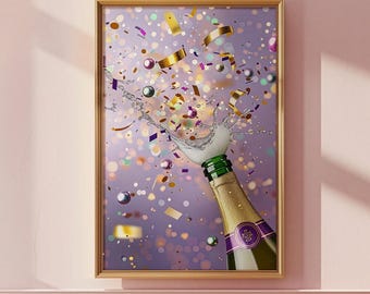 Pop the Champagne – Festive Celebration Digital Art Print  Instant Download  Purple & Gold Party Decor